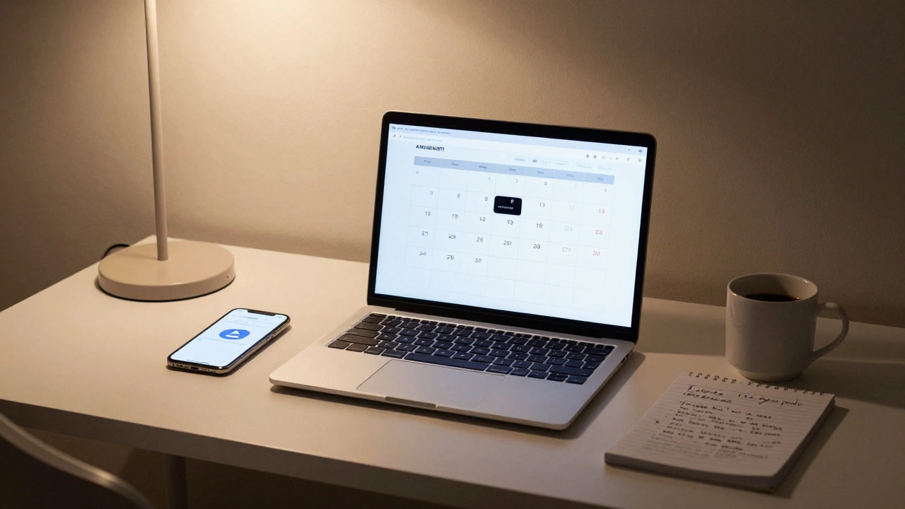 A discreet home office setup in Paris with a calendar, separate phone, and notes for client bookings.