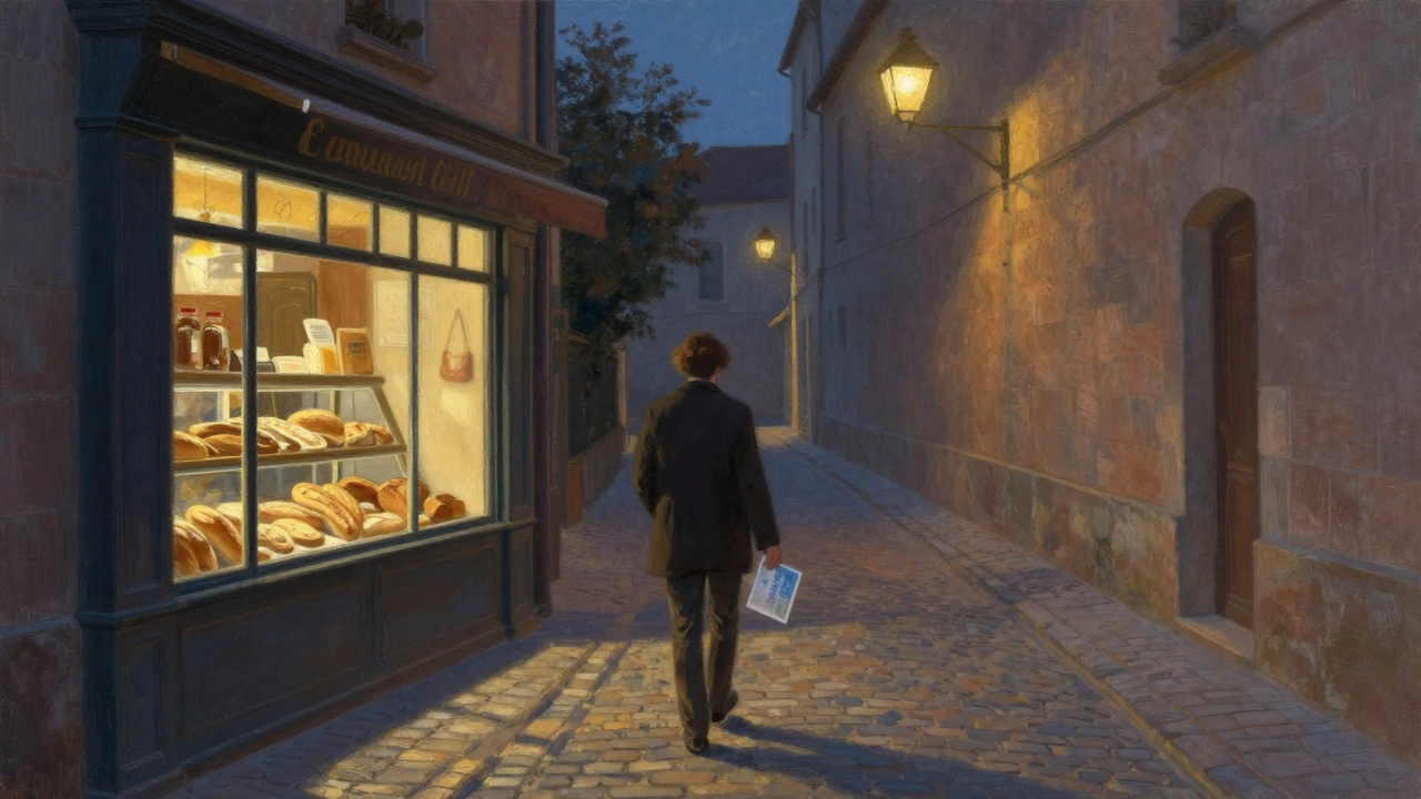 A person walking alone through a twilight alley in Bordeaux, holding a postcard with a heartfelt message.