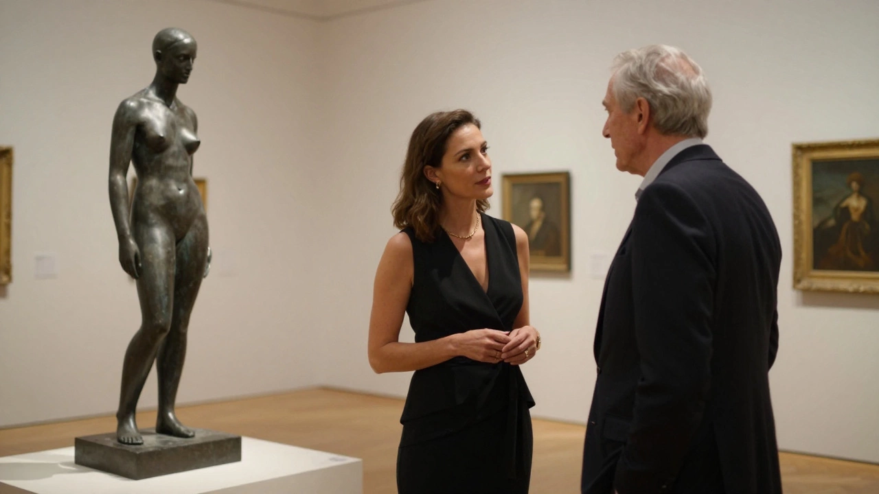 A woman and an older man having a thoughtful conversation in a Paris art gallery, no physical contact.