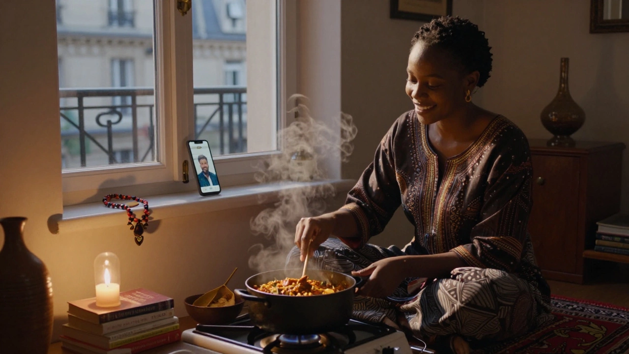 A woman cooking thieboudienne in her Paris apartment, cultural artifacts and a video call visible.
