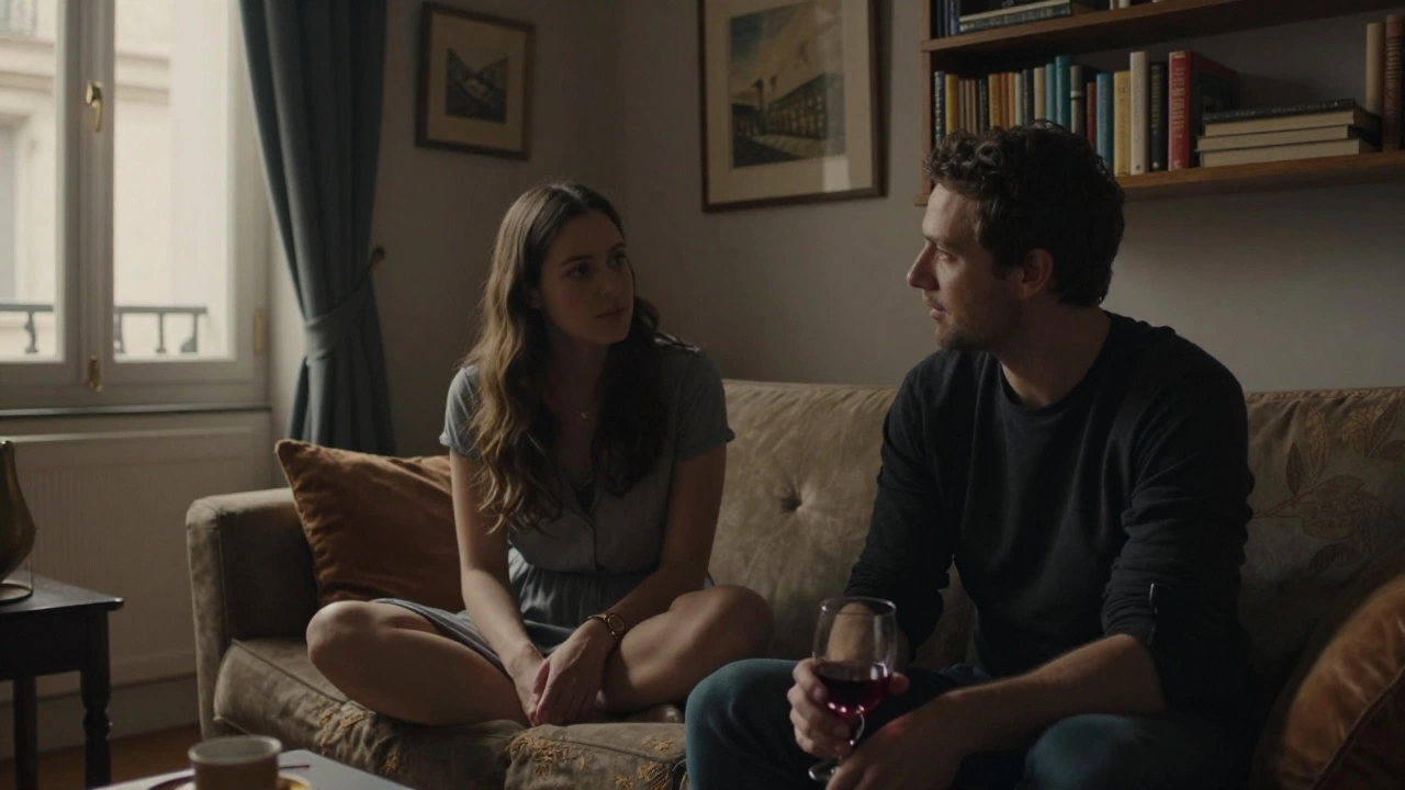 An intimate moment of listening in a cozy Bordeaux apartment with soft lamplight and bookshelves.